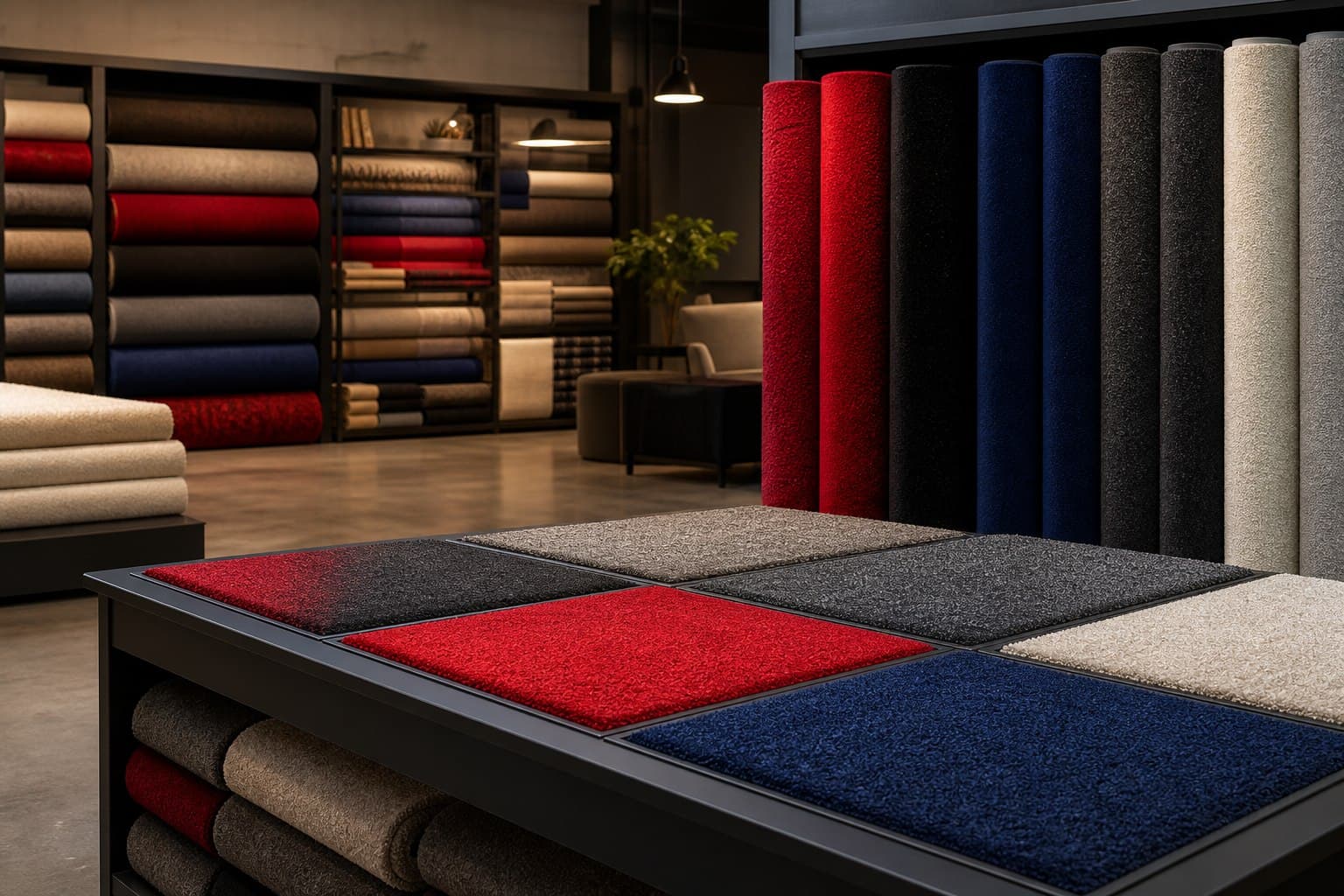 Carpet showroom with event flooring rolls and samples
